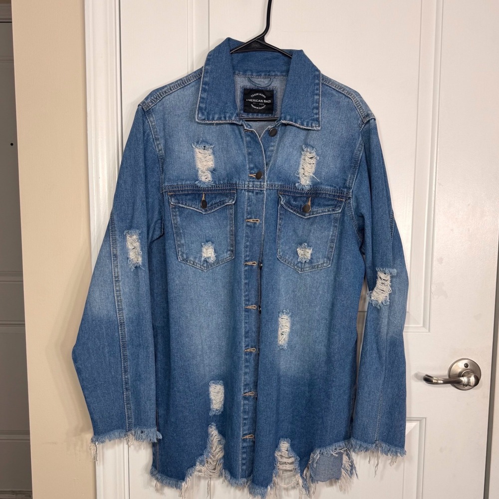 American Bazi Distressed Denim Jacket Longline Frayed Raw Hem Blue Size 1X